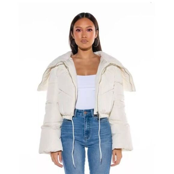 NWOT Azalea Wang Amanda Puffer Jacket size XL Ivory Cropped Sherpa Collar - Picture 1 of 12